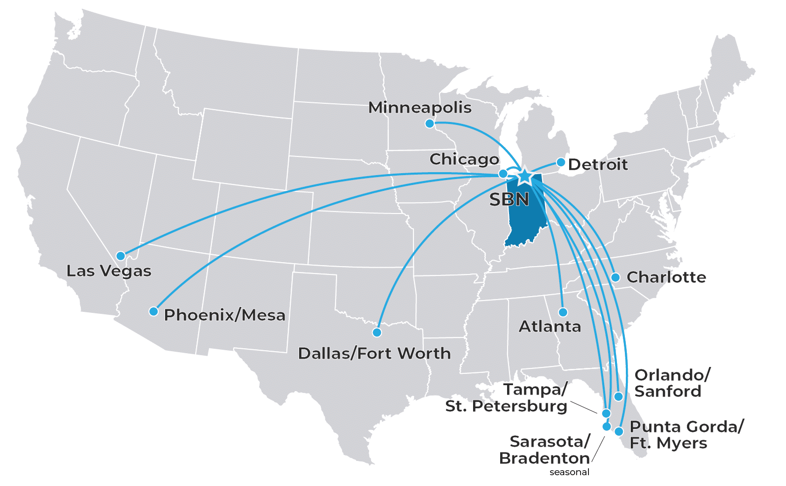 Route map showing nonstop flights to cities in the U.S. from South Bend