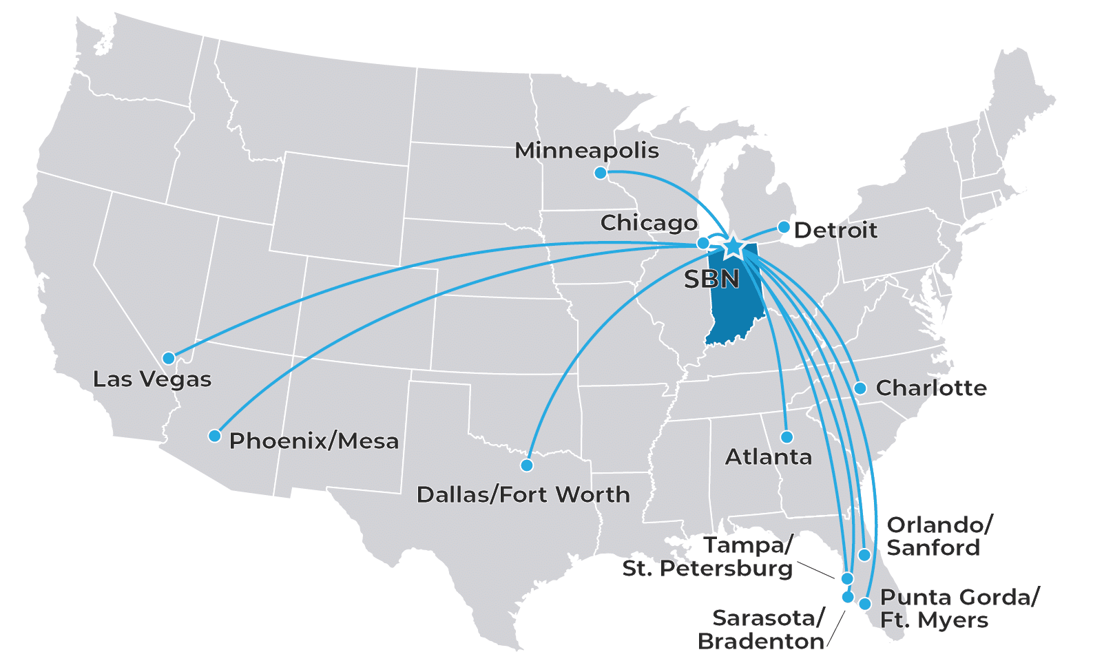 Route map showing nonstop flights to cities in the U.S. from South Bend