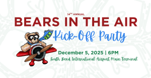 Invitation for Bears in the Air: White background with a barely visible green snow flake. 14th Annual Bears in the Air is written in red, Kick off Party is written in blue, the date time and location are written in green. The Bears in the Air bear logo is shown to the left.