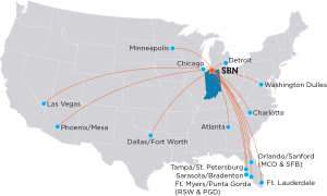 route map graphic with a United States map showing the different destinations SBN flies to using lines 